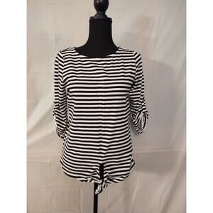 Jones New York Signature Black White Stripe 3/4 Length Rolled Sleeve Size Small